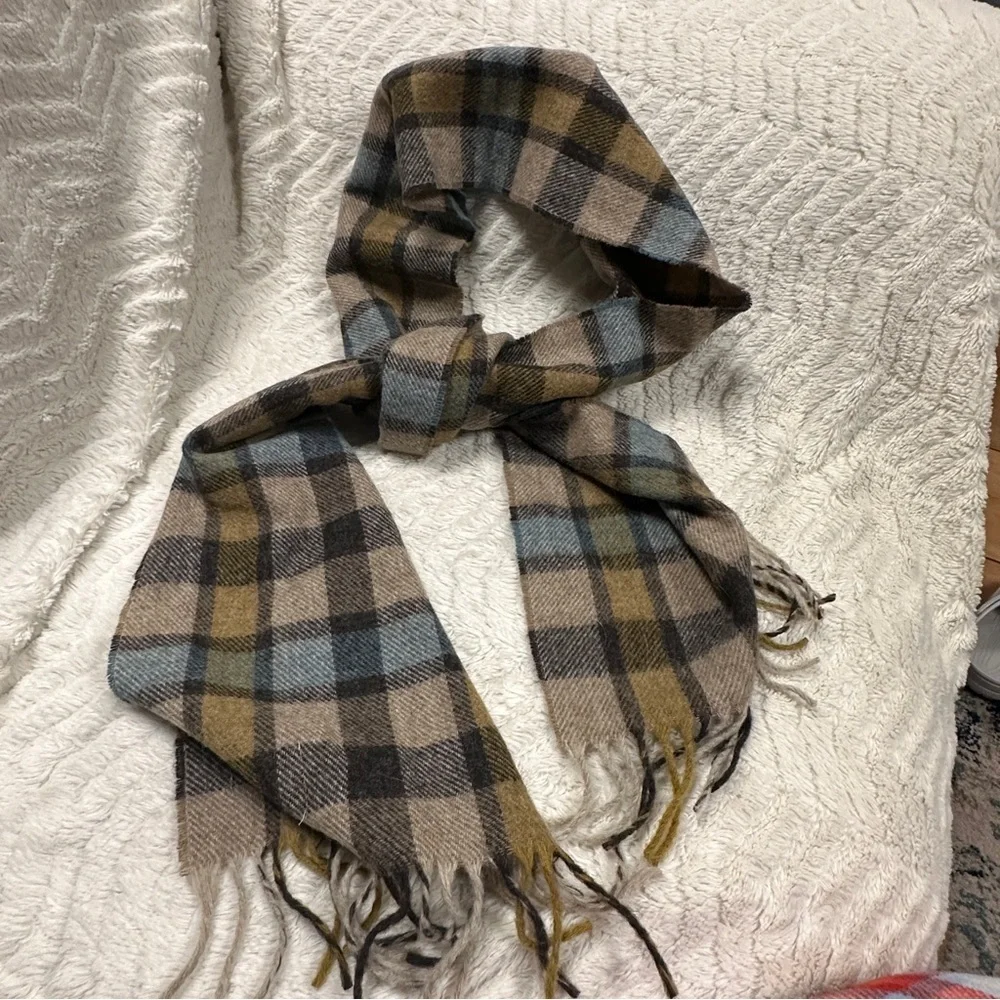 Bronte by Moon Lambswool Plaid Scarf in Blue, Brown, and Tan, Great Britain